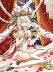  1girl absurdly_long_hair blue_eyes boots cake cape cross_akiha cup curtains dress drill_hair eating fate/grand_order fate_(series) flower food fork gem gloves hair_flower hair_ornament hat high_heel_boots high_heels large_hat long_hair looking_at_viewer marie_antoinette_(fate/grand_order) petals pillow plate purple_rose red_rose rose rose_petals short_dress silver_hair solo teacup teapot thigh-highs thigh_boots twin_drills very_long_hair 