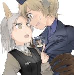  502nd_joint_fighter_wing alcohol animal_ears bar blonde_hair blush brown_eyes clothes_grab commentary_request edytha_rossmann eye_contact fox fox_ears gloves grey_hair hat kyuubi long_hair looking_at_another military military_uniform multiple_girls multiple_tails open_mouth shiraba_(sonomama_futene) short_hair silver_hair smile speech_bubble strike_witches sweatdrop tail uniform upper_body vest waltrud_krupinski 