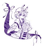  &gt;:&gt; 0-den 1girl arm_garter bow breasts commentary_request foreshortening gap hair_bow hat hat_ribbon highres large_breasts long_sleeves looking_at_viewer mob_cap monochrome ribbon sidelocks smile solo tabard touhou trigram wide_sleeves yakumo_ran yakumo_yukari 