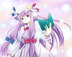  1girl :o blue_bow blue_ribbon book bow capelet commentary_request crescent dress frilled_sleeves frills hair_bow hair_ribbon hat hat_ribbon holding holding_book hyurasan long_hair long_sleeves looking_at_viewer mob_cap patchouli_knowledge purple_hair red_bow red_ribbon ribbon solo striped striped_dress touhou tress_ribbon upper_body very_long_hair violet_eyes 