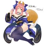  1girl ;) \m/ animal_ears ass bare_shoulders black_legwear breasts caster_(fate/extra) cleavage fate/extra fate/extra_ccc fate/grand_order fate_(series) fox_ears fox_tail hair_ribbon high_heels highres japanese_clothes kimono kou_mashiro looking_at_viewer one_eye_closed pink_hair ribbon simple_background smile solo tail thigh-highs twintails white_background yellow_eyes 