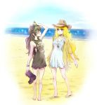  2girls alternate_costume barefoot beach bespectacled black_hair blake_belladonna blonde_hair boots_removed bow dress glasses hair_bow hat highres iesupa jewelry long_hair multiple_girls necklace rwby smile sundress violet_eyes yang_xiao_long yellow_eyes 