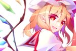  1girl blonde_hair crystal face fang flandre_scarlet from_side hat hat_ribbon kawasaki_toiro mob_cap open_mouth pointy_ears portrait puffy_sleeves red_eyes ribbon sailor_collar short_sleeves side_ponytail simple_background slit_pupils smile solo touhou white_background wings 