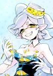  coin detached_collar domino_mask dress earrings fangs gloves hiromu_ps hotaru_(splatoon) jewelry mask mole mole_under_eye multiple_girls object_on_head pointy_ears short_hair smile smirk splatoon teeth tentacle_hair white_hair 