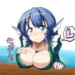  1girl blue_eyes blue_hair breasts cleavage collarbone drill_hair fish_tail heart japanese_clothes kimono midori_niku solo spoken_heart touhou wakasagihime 