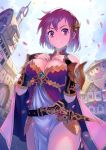  1girl belt breasts cape cleavage dagger detached_sleeves felix_(felix901123) hair_ornament hands_on_own_chest looking_at_viewer original pelvic_curtain petals pink_eyes pink_hair sheath sheathed short_hair solo town weapon 