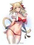  1girl animal_ears bikini blonde_hair blue_eyes blush breasts cat_ears cat_tail cleavage earrings final_fantasy final_fantasy_xiv hair_ribbon jacket jewelry kinm looking_at_viewer miqo&#039;te navel open_clothes open_jacket red_bikini ribbon short_hair simple_background solo sweat swimsuit tail thigh-highs twitter_username white_background white_legwear 