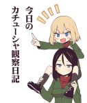  2girls black_hair blonde_hair blue_eyes blush_stickers carrying expressionless fang girls_und_panzer hama_chon index_finger_raised katyusha military military_uniform multiple_girls nonna open_mouth pointing shoulder_carry translated tsurime uniform white_background 