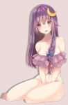  1girl bangs between_legs blush bottomless bow breasts cleavage collarbone crescent crescent_hair_ornament eyes_visible_through_hair hair_between_eyes hair_bow hair_ornament hair_ribbon hand_between_legs large_breasts long_hair navel open_mouth patchouli_knowledge purple_background purple_hair ribbon shiny shiny_hair simple_background sitting solo stomach thighs toes touhou tress_ribbon varyu very_long_hair violet_eyes yokozuwari 