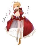  1girl ;d ahoge blonde_hair blush breasts cleavage curtsey dress dress_lift epaulettes fate/extra fate/grand_order fate_(series) full_body greaves green_eyes high_heels highres kou_mashiro looking_at_viewer one_eye_closed open_mouth red_dress saber_extra see-through simple_background smile solo translated white_background 