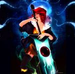  1girl black_legwear blue_eyes dress gemmaqw highres jacket jewelry lips red_(transistor) redhead ring solo sword the_transistor thigh-highs transistor_(game) weapon 