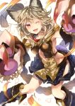  1girl animal_ears armpits bangs blurry blush boots braid breasts center_opening claw_(weapon) claw_pose cleavage collar collarbone commentary_request depth_of_field elbow_gloves erun_(granblue_fantasy) eyebrows eyebrows_visible_through_hair fang flipped_hair gloves granblue_fantasy grey_hair hair_between_eyes highres hip_vent knee_boots legs_apart long_hair looking_at_viewer miniskirt navel_cutout off_shoulder one_eye_closed orange_eyes paw_gloves petals pleated_skirt sen_(granblue_fantasy) skirt smile solo sweetroad thigh-highs thighs tongue weapon 