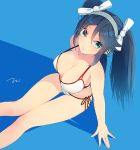  1girl alternate_costume aqua_eyes bare_arms bare_legs bare_shoulders bikini black_hair blue_background breasts cleavage commentary_request eyebrows eyebrows_visible_through_hair hair_ribbon highres isuzu_(kantai_collection) kantai_collection large_breasts long_hair looking_at_viewer looking_up ribbon simple_background sitting solo swimsuit tebi_(tbd11) twintails white_bikini 