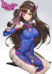  1girl bangs bodysuit breasts brown_eyes brown_hair covered_navel d.va_(overwatch) danann facial_mark gloves gun headphones holding holding_gun holding_weapon long_hair medium_breasts overwatch pilot_suit sitting skin_tight smile solo swept_bangs weapon whisker_markings white_gloves 