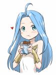  1girl :t ahoge bare_shoulders blue_eyes blue_hair blush bridal_gauntlets chocolate choker eating fingerless_gloves gloves granblue_fantasy heart long_hair looking_at_viewer lyria_(granblue_fantasy) simple_background smile solo white_background zaxwu 