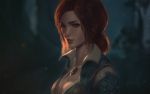  1girl breasts cleavage embers hair_bun highres jewelry necklace raikoart redhead solo the_witcher the_witcher_3 triss_merigold 