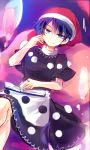  &gt;:) 1girl black_dress blob blue_eyes blue_hair book capelet commentary_request crossed_legs doremy_sweet dress hat kutsuki_kai looking_at_viewer nightcap pom_pom_(clothes) short_hair sitting sitting_on_object smile solo touhou 