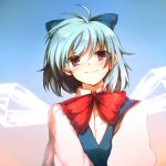  1girl blue_bow blue_hair blush bow bowtie cirno commentary_request hair_bow ice ice_wings looking_at_viewer onimaru_gonpei puffy_sleeves red_bow red_bowtie short_hair smile solo touhou upper_body violet_eyes wing_collar wings 