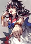  1girl akanbe berabou black_hair bracelet foreshortening highres horns jewelry kijin_seija looking_at_viewer middle_finger multicolored_hair nail_polish pointy_ears red_eyes red_nails redhead shaded_face short_sleeves solo streaked_hair tongue tongue_out touhou upper_body white_hair 