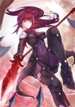  1girl blurry bodysuit breasts covered_navel depth_of_field dual_wielding fate/grand_order fate_(series) gae_bolg hakui_(b600723) highres long_hair polearm purple_hair red_eyes scathach_(fate/grand_order) solo spear weapon 