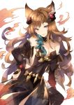  1girl animal_ears bare_shoulders black_dress breasts bridal_gauntlets brown_eyes brown_hair dress frilled_sleeves frills granblue_fantasy hand_on_hip head_tilt highres looking_at_viewer metella_(granblue_fantasy) parted_lips smile solo sweetroad white_background 