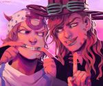  2boys artist_name blue_eyes brown_hair cowboy_hat facial_hair gloves gold_teeth green_lipstick green_nails gyro_zeppeli hat horseshoe index_finger_raised johnny_joestar jojo_no_kimyou_na_bouken lientari lipstick long_hair makeup male_focus mouth_pull multiple_boys nail_polish partly_fingerless_gloves signature star_print steel_ball_run teeth tongue tongue_out 