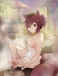  1girl alternate_costume animal_ears bare_shoulders breasts brown_eyes brown_hair cleavage commentary_request cup full_body futatsuiwa_mamizou glasses grin leaf leaf_on_head looking_at_viewer makuwauri naked_towel onsen partially_submerged raccoon_ears raccoon_tail sitting sleeveless small_breasts smile solo steam tail tanuki touhou towel tray 