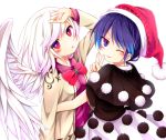  2girls blue_eyes blue_hair blush bow bowtie capelet chikuwa_savi doremy_sweet dress hat jacket kishin_sagume long_sleeves looking_at_viewer multiple_girls nightcap one_eye_closed open_mouth pom_pom_(clothes) red_eyes short_hair short_sleeves silver_hair simple_background single_wing smile touhou upper_body v white_background wings 