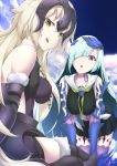  2girls :q armor blonde_hair breasts fate/grand_order fate/prototype fate/prototype:_fragments_of_blue_and_silver fate_(series) hair_over_one_eye headpiece jeanne_alter lancer_(fate/prototype_fragments) long_hair looking_at_viewer multiple_girls p!nta revision ruler_(fate/apocrypha) ruler_(fate/grand_order) silver_hair smile thigh-highs tongue tongue_out very_long_hair violet_eyes yellow_eyes 