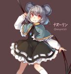  1girl akayan animal_ears black_dress capelet character_name commentary_request cowboy_shot dowsing_rod dress grey_hair grin highres jewelry long_sleeves looking_at_viewer mouse_ears mouse_tail nazrin pendant puffy_long_sleeves puffy_sleeves red_eyes short_hair smile socks solo tail touhou twitter_username white_legwear 