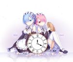  2girls :o analog_clock apron blue_eyes blue_hair bow breasts character_name cleavage clock detached_sleeves dress flower frilled_dress frilled_sleeves frills garter_straps hair_ornament hair_over_one_eye holding holding_tray knees_up looking_at_viewer maid maid_headdress mary_janes medium_breasts multiple_girls open_mouth petals pink_hair ram_(re:zero) re:zero_kara_hajimeru_isekai_seikatsu red_eyes reflection rem_(re:zero) ribbon-trimmed_clothes ribbon-trimmed_collar ribbon-trimmed_legwear ribbon-trimmed_sleeves ribbon_trim roman_numerals shoes short_hair siblings side-by-side sisters sitting small_breasts smile sparkle sumikko_no_aria thigh-highs tray twins underbust x_hair_ornament yokozuwari 