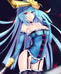  1girl blue_hair breasts character_request cleavage elbow_gloves garter_straps gloves kyouki long_hair mask smile solo thigh-highs tower_of_saviors violet_eyes 