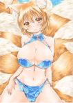  1girl absurdres animal_ears blonde_hair breasts chinese_clothes cleavage fox_ears fox_tail highres large_breasts looking_at_viewer multiple_tails navel short_hair smile solo tail touhou traditional_media yakumo_ran yellow_eyes yuuki_chima 