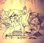  3girls apron commentary_request cooking cup curry curry_rice domino_mask food hotaru_(splatoon) inkling mask monochrome mug multiple_girls pot splatoon takozonesu tent tentacle_hair yuri yuta_agc 