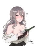  1girl bare_shoulders blush bottle breasts brown_eyes cleavage drunk grey_hair highres kantai_collection large_breasts long_hair looking_at_viewer off_shoulder pola_(kantai_collection) solo taka_(vert_320) twitter_username undressing wavy_hair wine_bottle 