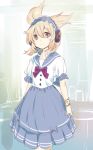  1girl alternate_costume bow bowtie bracelet brown_eyes brown_hair commentary_request dress earmuffs jewelry looking_at_viewer makuwauri pointy_hair puffy_short_sleeves puffy_sleeves red_bow red_bowtie sailor_collar short_hair short_sleeves smile solo touhou toyosatomimi_no_miko 