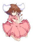  1girl animal_ears barefoot bent_knees brown_eyes brown_hair carrot commentary_request double_v dress full_body heart highres inaba_tewi ishimu jewelry kneeling looking_at_viewer necklace one_eye_closed pendant pink_dress pose puffy_short_sleeves puffy_sleeves rabbit_ears short_hair short_sleeves smile solo touhou v white_background 