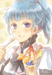  1girl ange_serena black_bow blue_eyes blue_hair bow eating food food_on_face looking_at_viewer nari_hibiki parfait ponytail short_hair sketch solo tales_of_(series) tales_of_innocence twitter_username upper_body yellow_background 