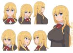  1girl blonde_hair blue_eyes blush bow breasts character_name character_sheet expressionless expressions female large_breasts looking_at_viewer mori_yoshihara nao_(ritsancrossover) open_mouth original school_uniform simple_background smile solo sweater uniform upper_body white_background 