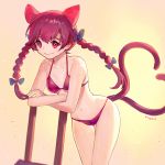 1girl ainy77 animal_ears backlighting bangs bikini blue_bow bow braid cat_ears cat_tail closed_mouth cowboy_shot crossed_arms extra_ears eyelashes hair_between_eyes hair_bow heart heart_tail kaenbyou_rin leaning_forward looking_away multiple_tails nekomata red_bikini red_eyes redhead smile solo string_bikini sweat swimsuit tail thigh_gap touhou twin_braids twintails two_tails wet yellow_background 