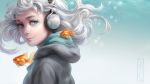  1girl air_bubble blue_eyes eyebrows facing_viewer fish floating_hair from_side goldfish green_hair headphones highres hood hooded_jacket jacket kotikomori light_smile lips logo long_hair looking_at_viewer original smile solo star wallpaper watermark 