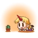  1girl :d blonde_hair blush_stickers cactus chibi commentary_request cuffs geta hands_on_own_face head_on_hand horn hoshiguma_yuugi long_hair lying nishin on_stomach open_mouth plant pointy_ears potted_plant shackles short_sleeves smile solid_oval_eyes solo touhou two-tone_background 
