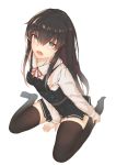  1girl absurdres asashio_(kantai_collection) between_legs black_hair black_legwear blouse blue_eyes foodtoyc from_above full_body hair_between_eyes hand_between_legs hand_on_ankle hand_on_leg highres kantai_collection long_hair looking_at_viewer miniskirt open_mouth pleated_skirt remodel_(kantai_collection) school_uniform sitting skirt solo white_background white_blouse 