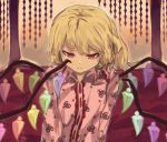  1girl alternate_costume berabou blonde_hair crying crying_with_eyes_open crystal flandre_scarlet long_sleeves no_hat on_bed pajamas red_eyes short_hair side_ponytail solo tears touhou upper_body wings wiping_tears 