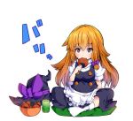  1girl apron arm_support black_dress blonde_hair blush bobby_socks bow bowl braid buttons chibi commentary_request cup dress eating full_body hair_bow hat hat_bow hat_removed headwear_removed indian_style ishimu kirisame_marisa long_hair looking_at_viewer puffy_short_sleeves puffy_sleeves purple_bow senbei short_sleeves side_braid sitting socks solo touhou waist_apron white_background white_legwear witch_hat yellow_eyes 