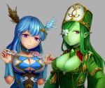  2girls armadel_(p&amp;d) ars_paulina_(p&amp;d) asymmetrical_horns bare_shoulders bracer breasts cleavage commentary_request detached_collar dress flower_eyepatch frills gem green_hair green_skin grey_background hair_ornament hair_over_one_eye hat horns large_breasts long_hair looking_at_viewer medium_breasts mrider multiple_girls parted_lips pink_eyes pointy_ears puzzle_&amp;_dragons red_eyes simple_background smile violet_eyes wide_sleeves 