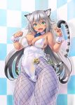  1girl :d animal_ears breasts checkered checkered_background commentary_request cowboy_shot dark_skin detached_collar fangs fishnet_pantyhose fishnets green_eyes kittysuit kiyama_satoshi large_breasts leotard long_hair looking_at_viewer necktie open_mouth original pantyhose paw_pose smile solo tail tiger_ears tiger_tail v very_long_hair wrist_cuffs 