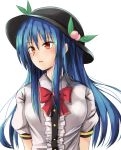  1girl blue_hair food fruit fuussu_(21-kazin) hat hinanawi_tenshi long_hair looking_to_the_side peach red_eyes short_sleeves simple_background solo touhou white_background 
