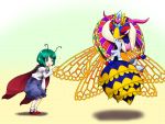  2girls antennae bee bent_over blue_eyes blush cape crossover crown disembodied_limb full_body gloves gradient gradient_background green_hair insect_wings kirby_(series) long_sleeves mary_janes multicolored_background multiple_girls nintendo open_mouth orusuta pants puffy_sleeves queen_sectonia shirt shoes short_hair socks sparkle touhou violet_eyes white_gloves white_legwear wings wriggle_nightbug 
