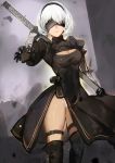  1girl blindfold breasts cleavage cleavage_cutout highres nier_(series) nier_automata panties parted_lips short_hair skirt solo sword thighs underwear weapon white_hair white_panties wujia_xiaozi yorha_unit_no._2_type_b 